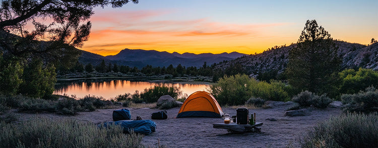 idyllischer Campingplatz mit Zelt und Camping Zubehör am Seeufer