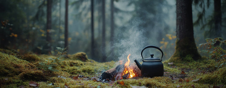Wasserkocher auf Feuer in Wald während Morgendämmerung