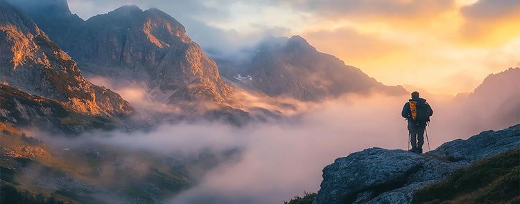 Mann in Outdoor Bekleidung steht auf Felsen vor Berglandschaft beim Sonnenaufgang