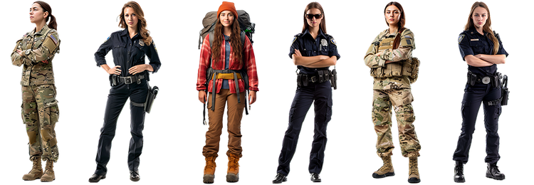 Starke Frauen in Militäruniform, Security- oder Polizeibekleidung und Outdoor-Trekkingbekleidung