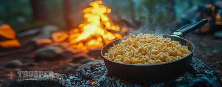 Leckere Trekkingmahlzeit in Bratpfanne vor Lagerfeuer in Wald