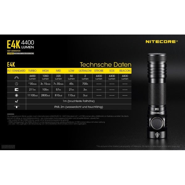 LED-TASCHENLAMPE E4K - 4'400 Lumen, inkl. Akku