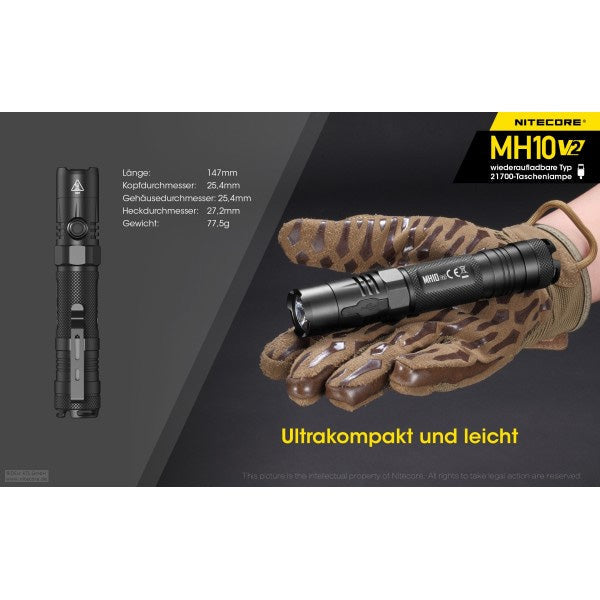 LED-Taschenlampe MH10 V2, 1'200 Lumen, inkl. USB-C Ladekabel & Akku