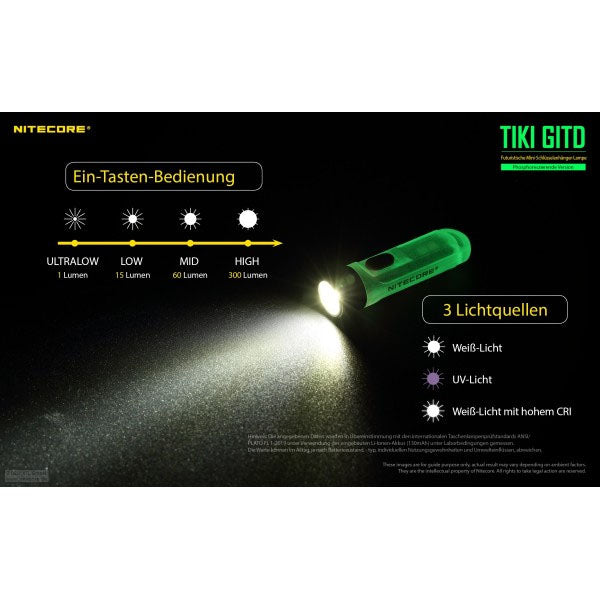 LED-TASCHENLAMPE TIKI GITD grün, 300 Lumen (inkl. Akku)