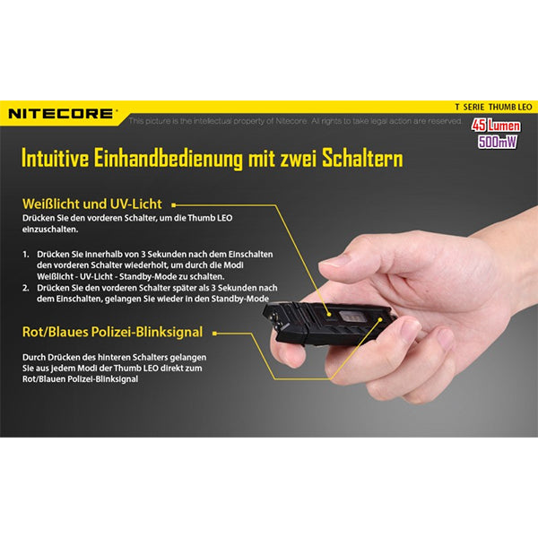 LED-TASCHENLAMPE THUMB UV - 45 Lumen (inkl. Akku mit USB-C-Anschluss)