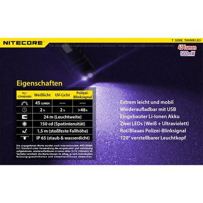 LED-TASCHENLAMPE THUMB UV - 45 Lumen (inkl. Akku mit USB-C-Anschluss)